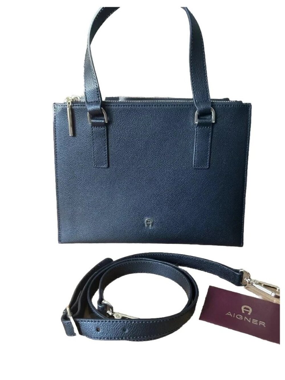 Aigner bag, black leather handbag, shoulder bag, gold